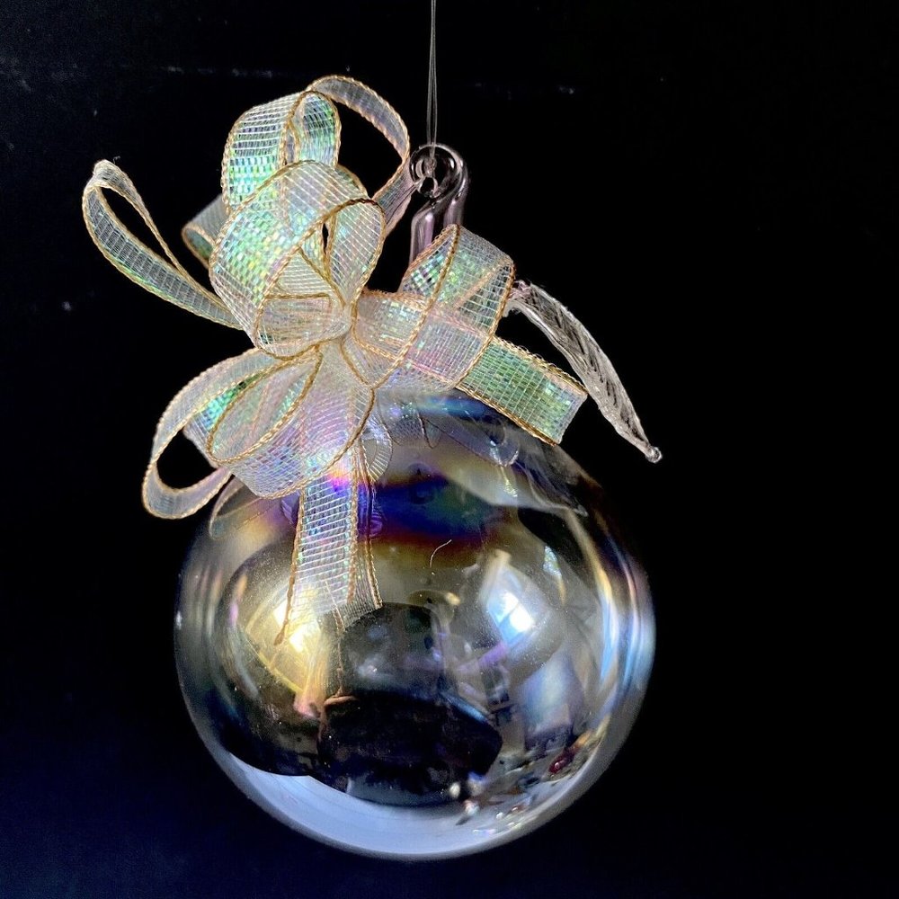 Iridescent Blown  Glass  Pear Ornament, Christmas Holiday